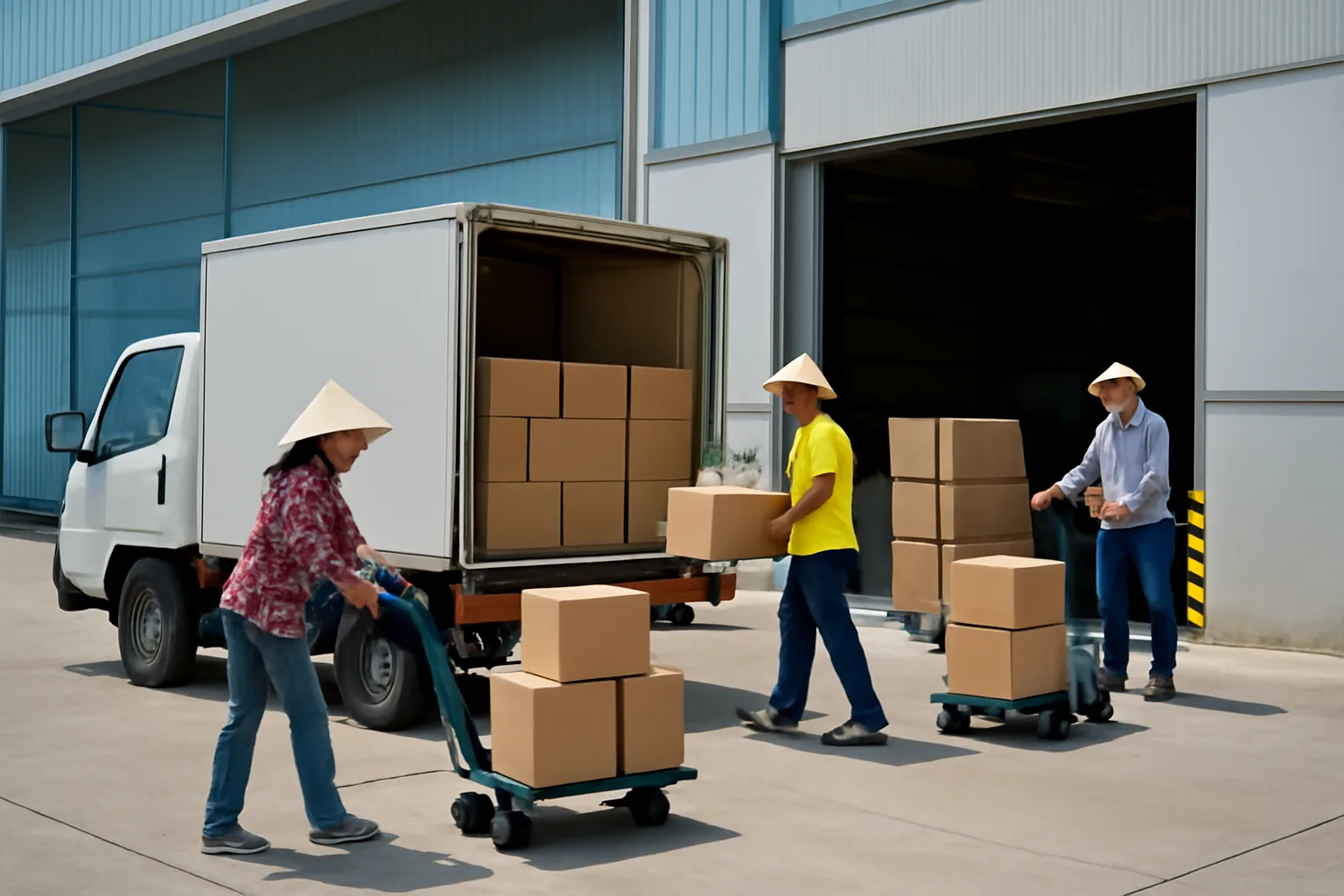 Xe tải giao thùng bao bì tại dốc bốc hàng của một nhà máy lớn, công nhân dùng xe đẩy tay chuyển hàng