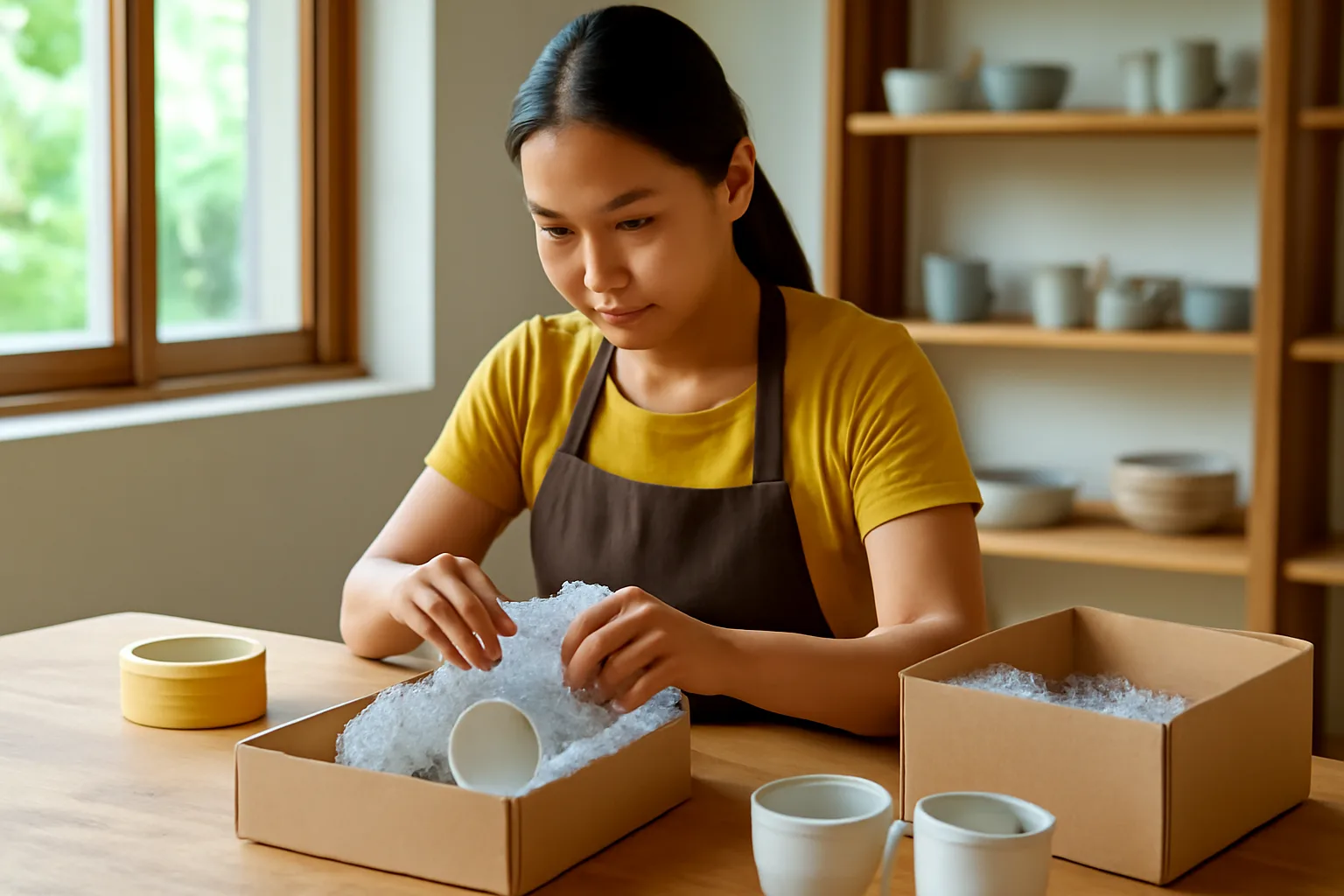 Người bán hàng thủ công gói cốc gốm vào hộp có lót xốp tại bàn làm việc ở nhà