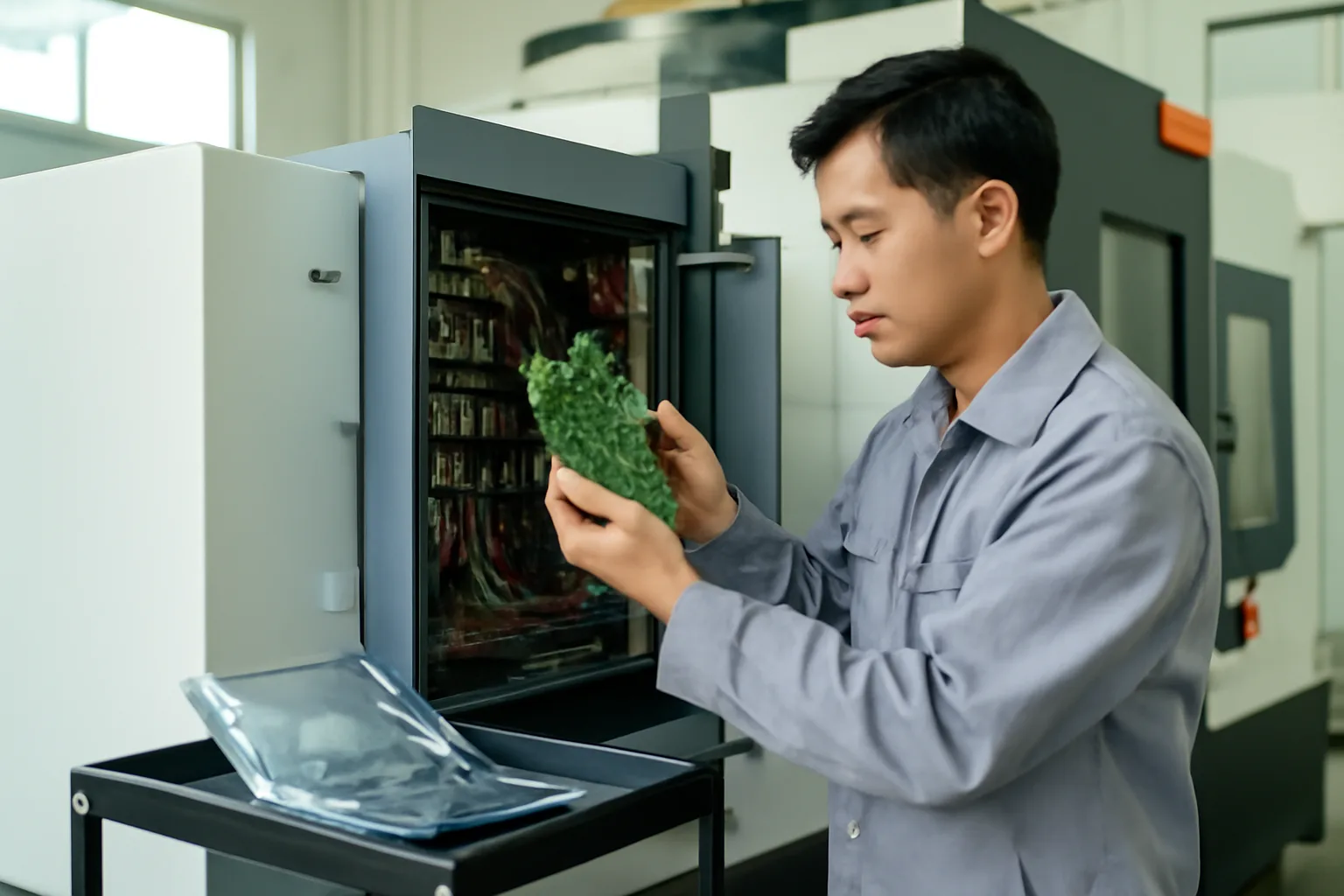 Kỹ thuật viên tháo bo mạch điều khiển khỏi tủ điện của máy CNC trong xưởng cơ khí