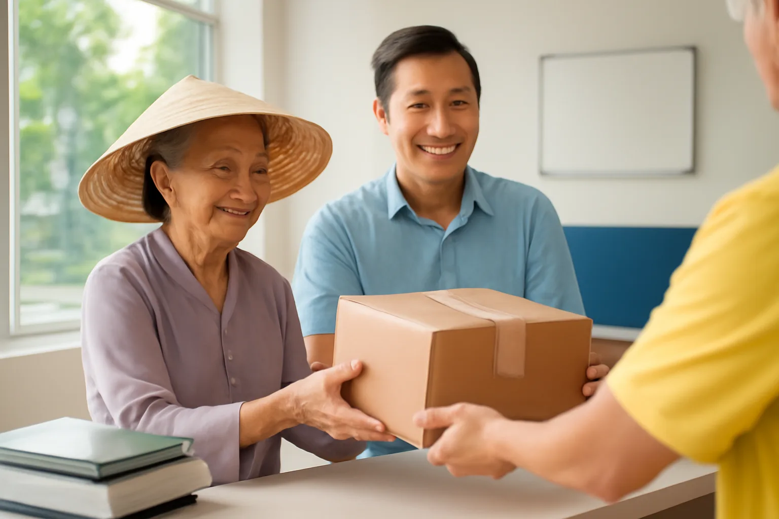 Người phụ nữ lớn tuổi nhận thùng quà từ nước ngoài tại quầy bưu cục