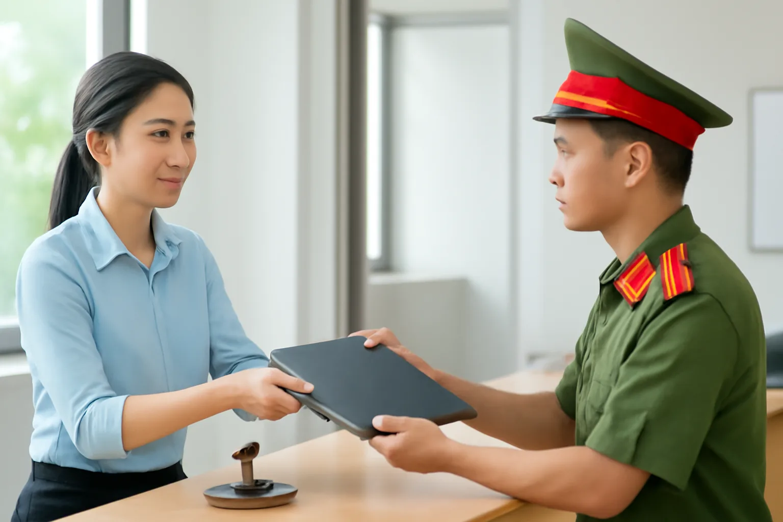 Nhân viên xuất khẩu đưa tập hồ sơ qua quầy tiếp nhận, bên cạnh con dấu và hộp mực