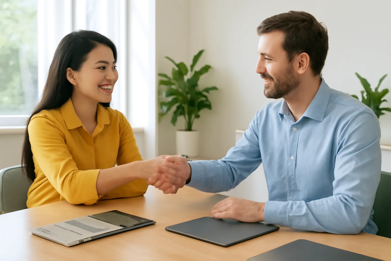 Hai bên mua bán bắt tay sau khi ký hợp đồng trong phòng họp có mẫu hàng trên bàn