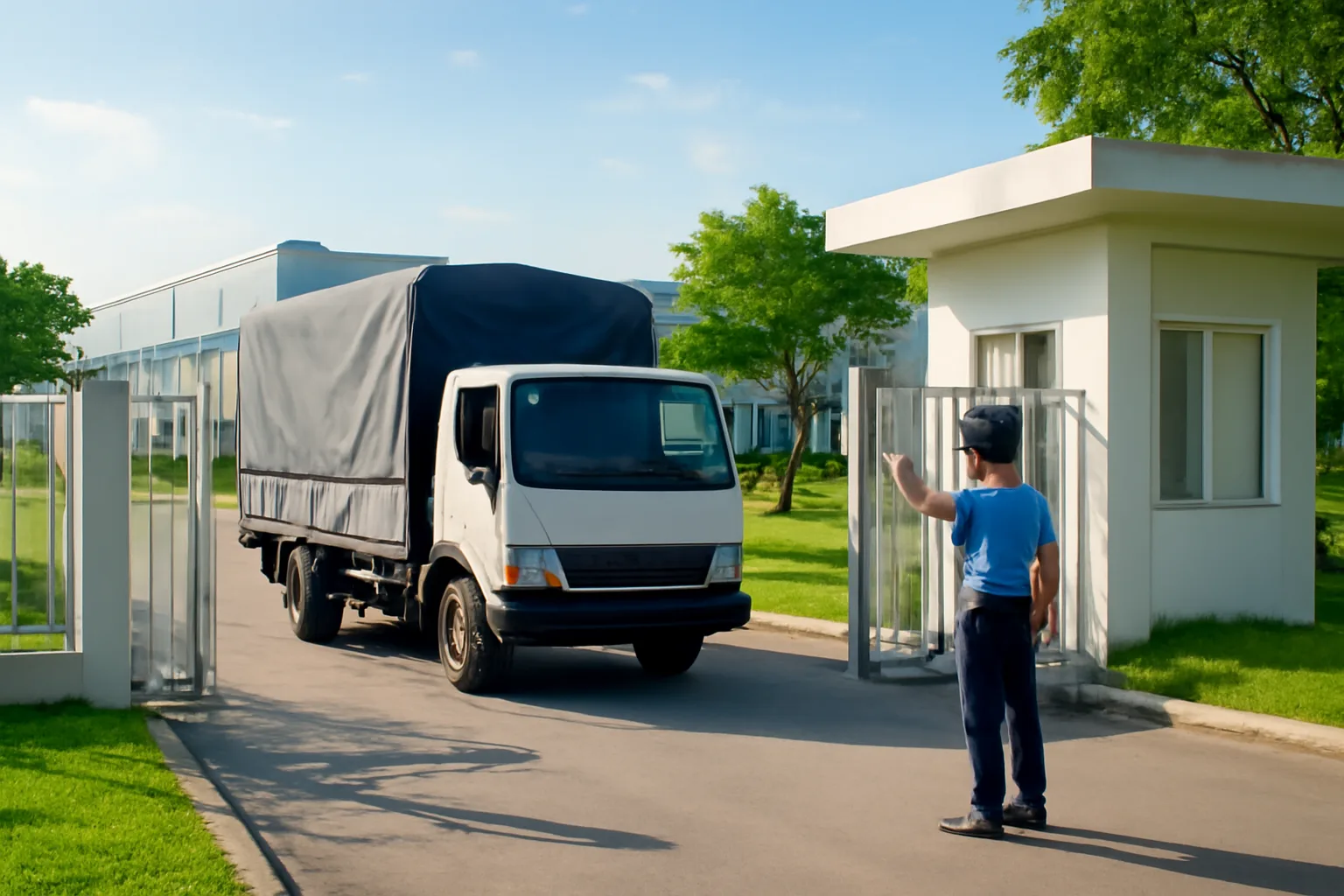 Xe tải có bạt đi qua cổng kiểm soát của nhà máy trong khu chế xuất