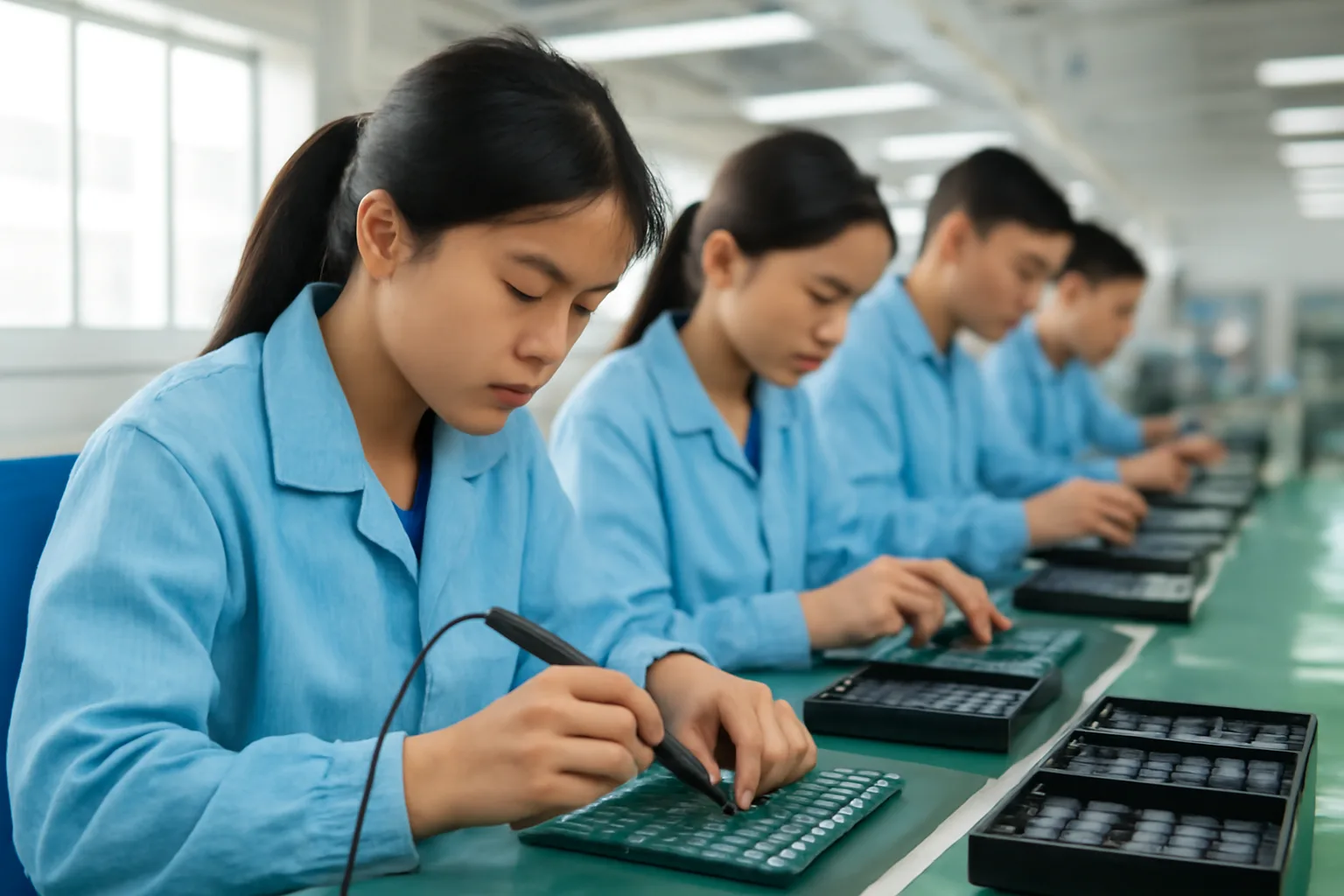 Công nhân dây chuyền điện tử hàn bo mạch nhỏ bên các khay linh kiện