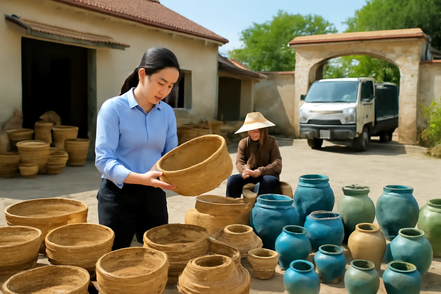 Nhân viên thu mua kiểm từng giỏ mây đan tại sân nhà một hộ làng nghề, xe tải nhỏ chờ bên ngoài