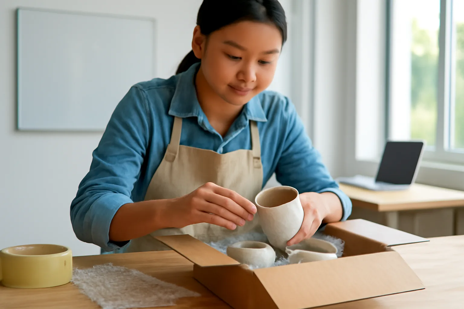 Nhà thiết kế đóng gói mẫu sản phẩm gốm thủ công vào hộp chuyển phát có lót xốp trên bàn xưởng