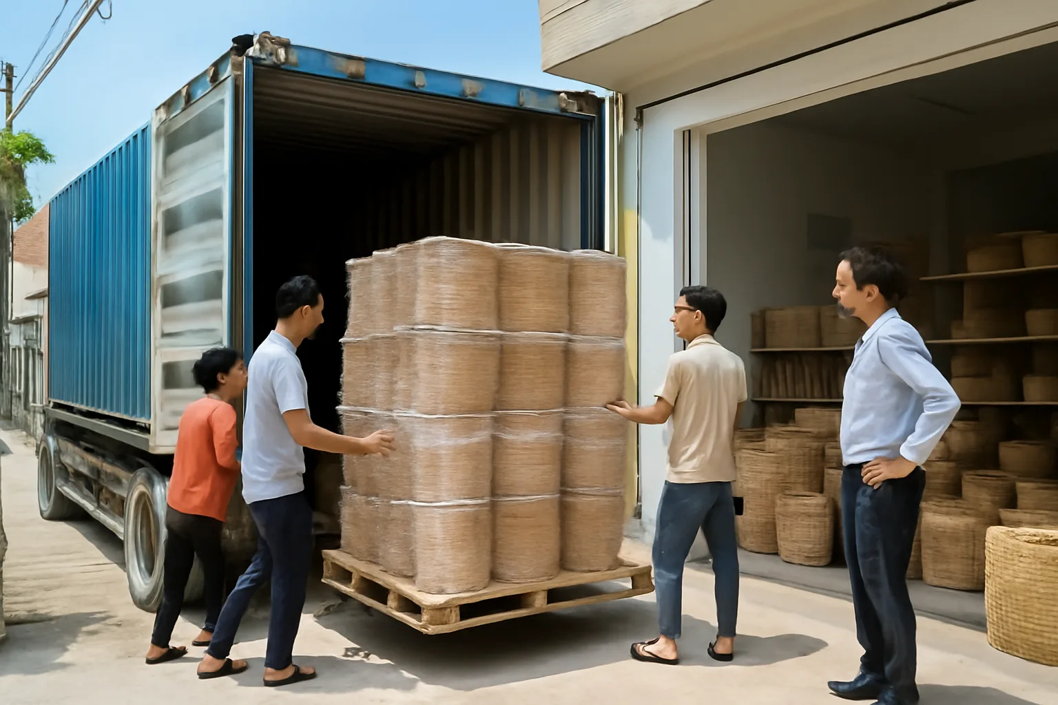 Nhân viên xưởng đồ gỗ nhỏ đóng pallet hàng trang trí vào container để gửi sang kho nước ngoài