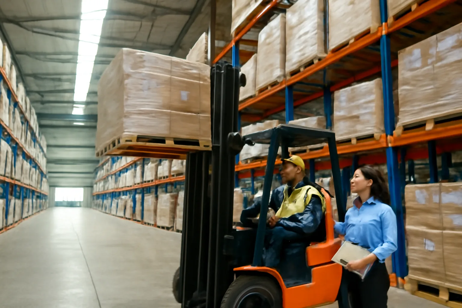 Xe nâng xếp pallet hàng lên giá cao trong kho ngoại quan rộng