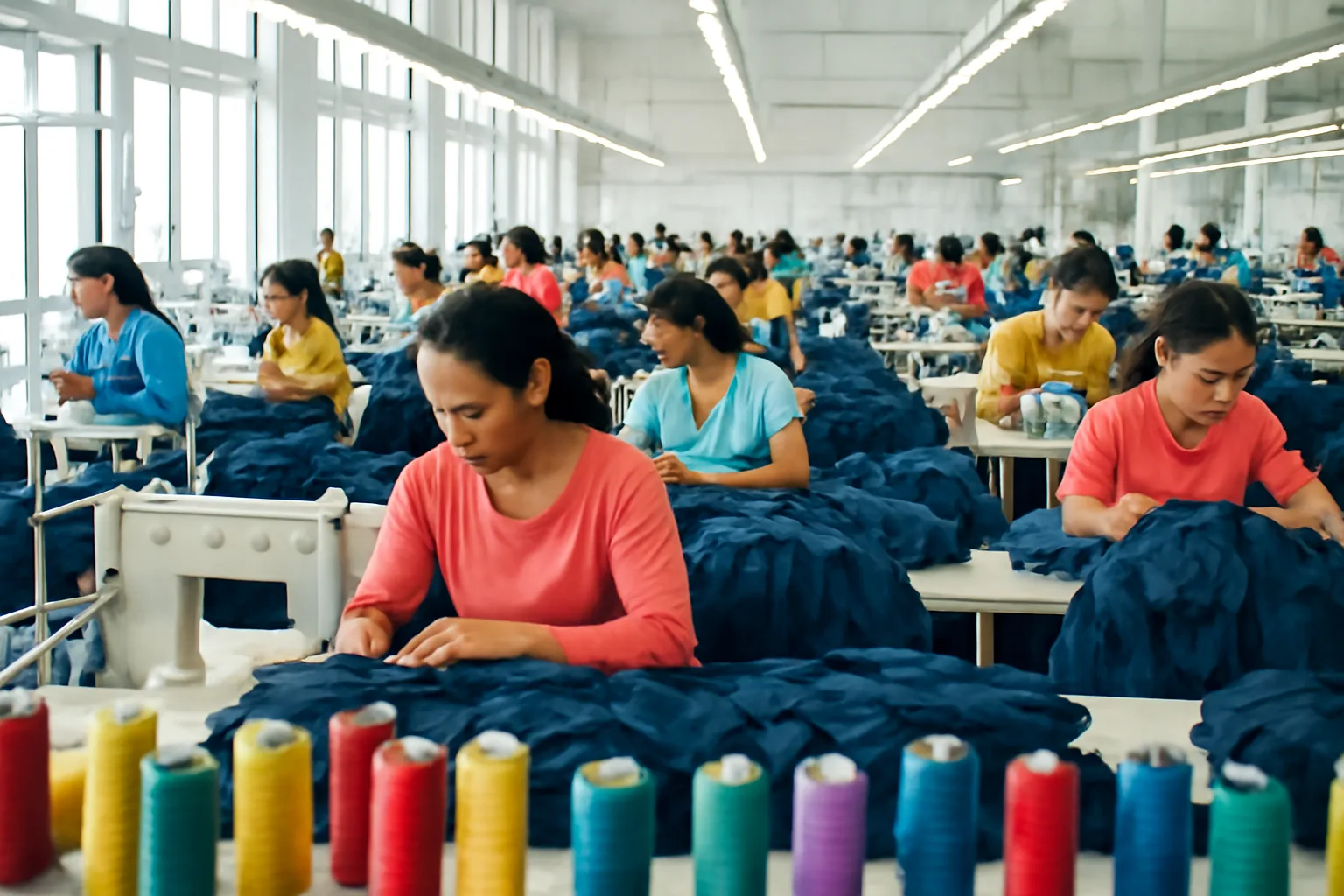 Công nhân may đang may áo khoác trong xưởng sáng sủa với những cuộn chỉ phía trước