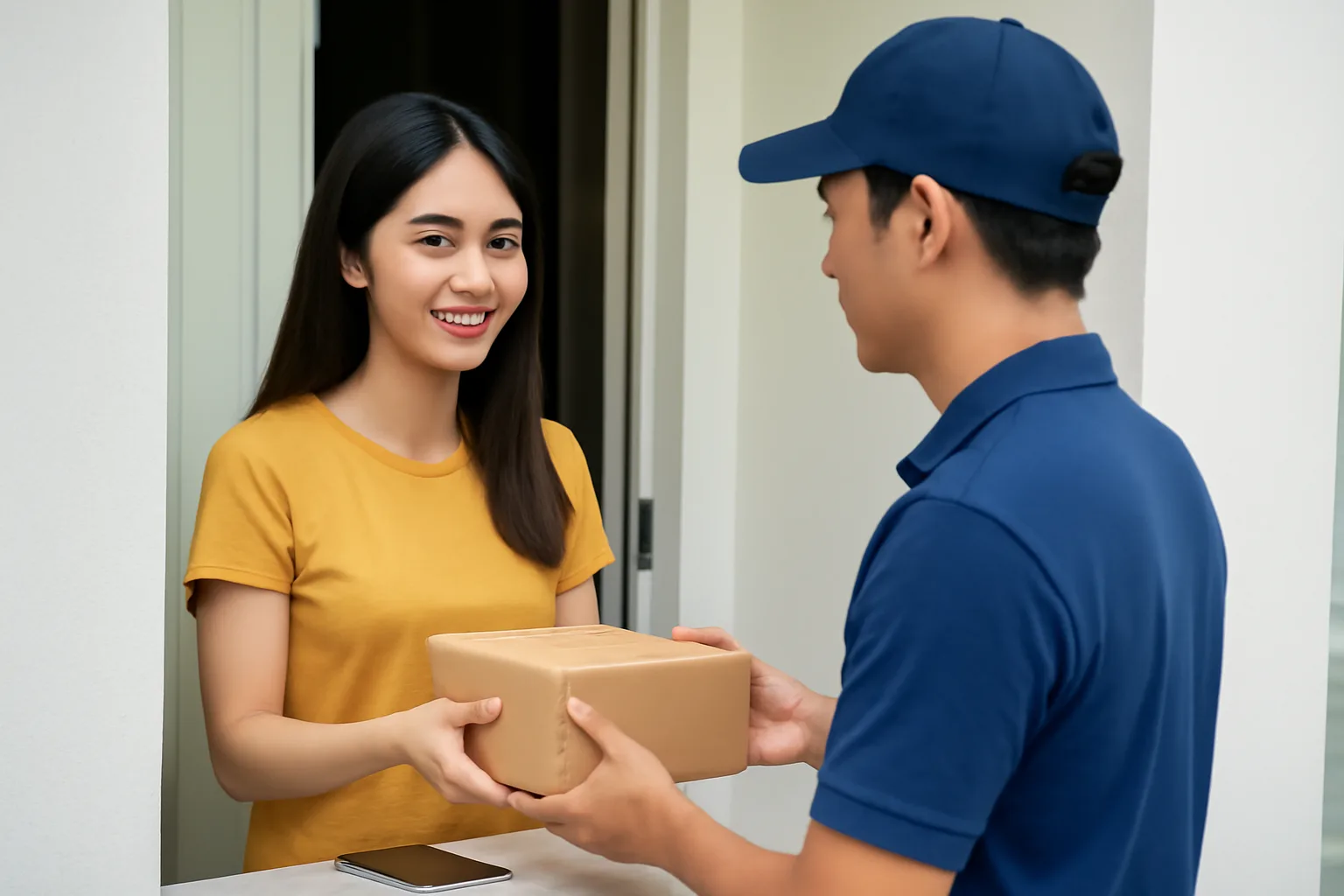 Cô gái nhận gói hàng nhỏ từ nhân viên giao hàng trước cửa căn hộ