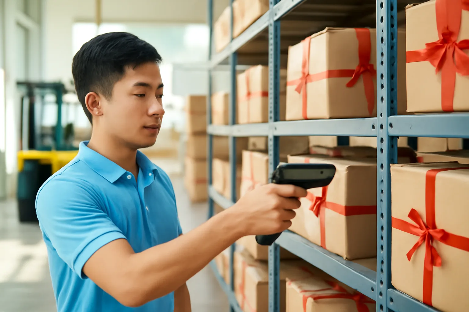 Nhân viên kho kiểm đếm các thùng hàng tặng kèm buộc ruy băng trên kệ
