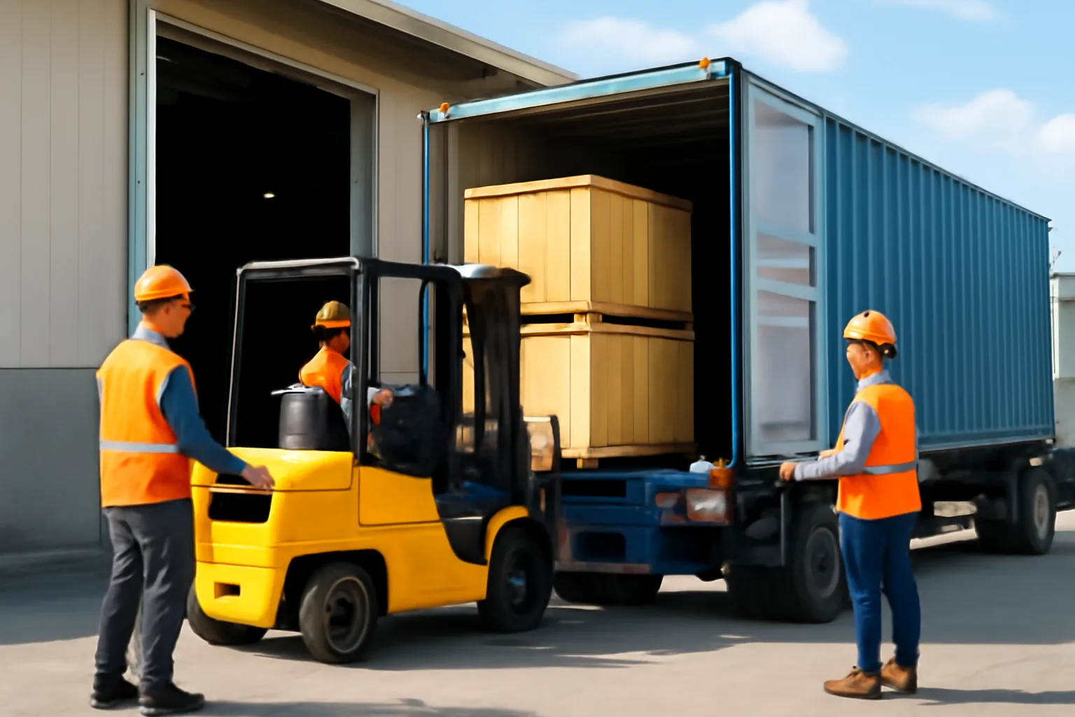 Xe nâng đưa các thùng gỗ chứa máy móc trở lại container tại bến kho ngoại quan