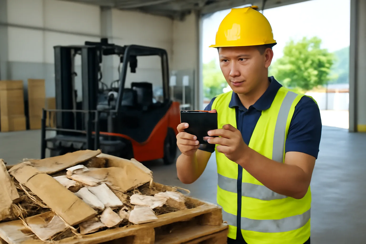 Nhân viên kho chụp ảnh các thùng carton bị móp và gạch men vỡ trên pallet