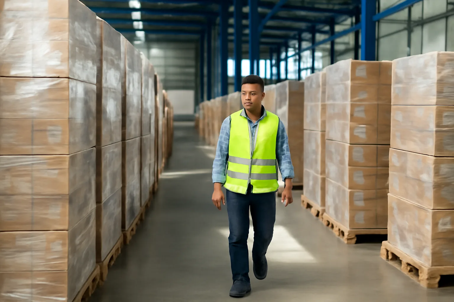 Lô giày thành phẩm xếp trên pallet trong kho chờ quyết định bán trong nước
