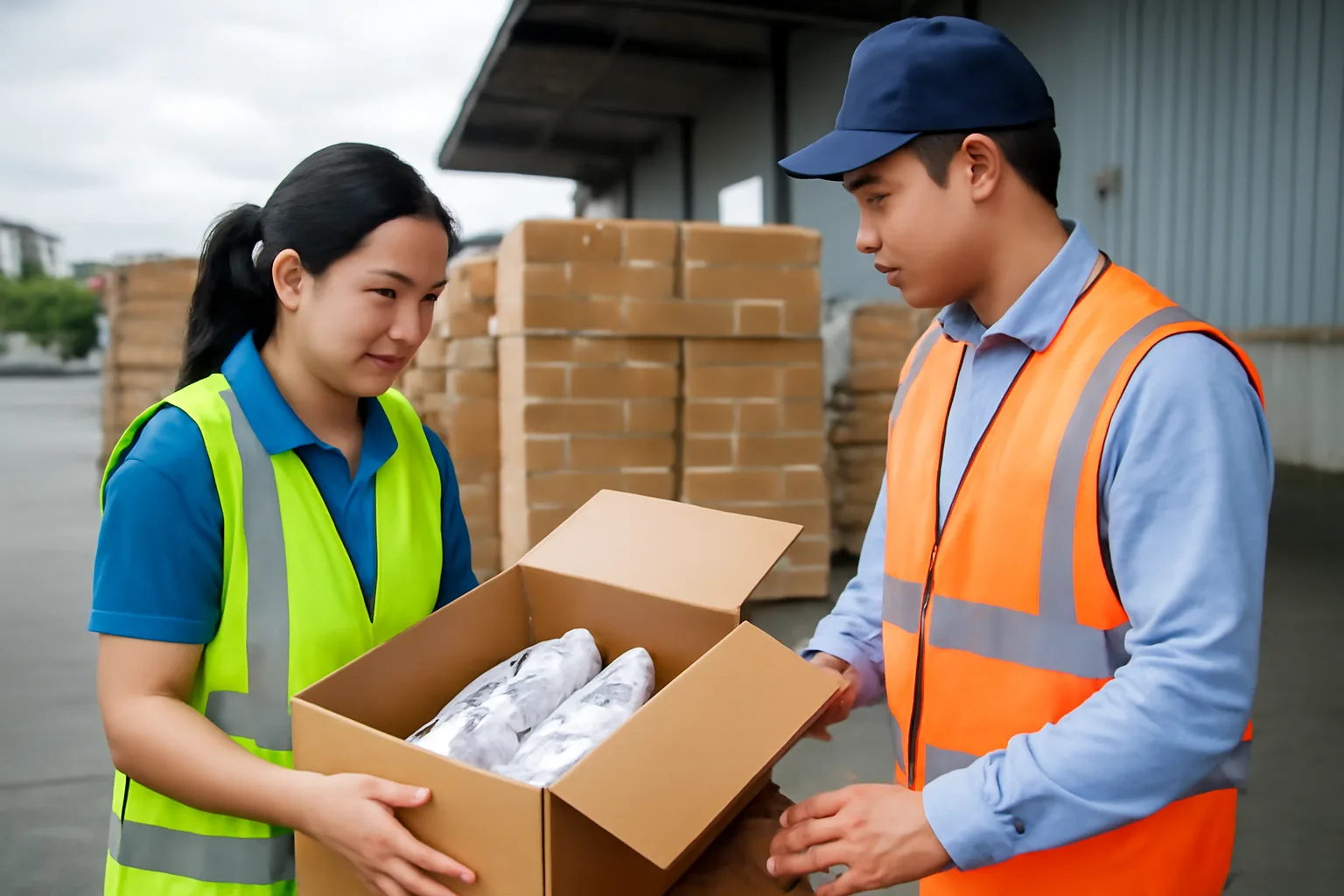Nhân viên kho mở thùng giày bị trả lại để kiểm tra tại khu bốc dỡ