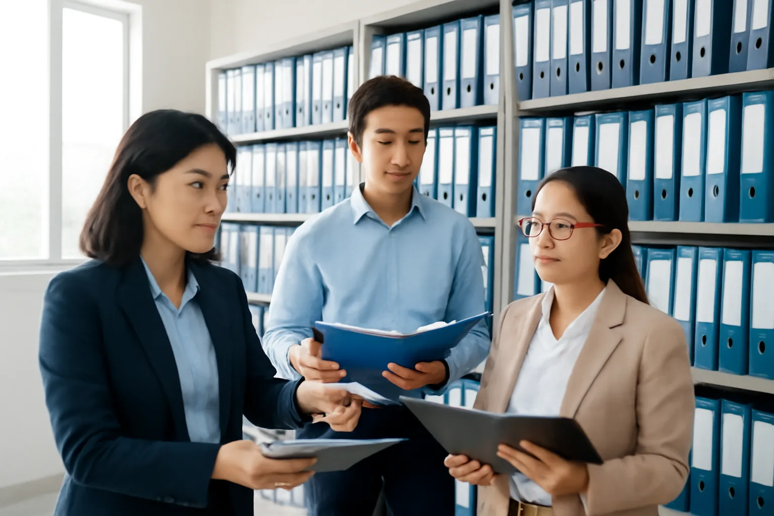 Trưởng phòng tài chính và hai người kiểm tra rà các chồng hồ sơ lưu trữ trong kho tài liệu