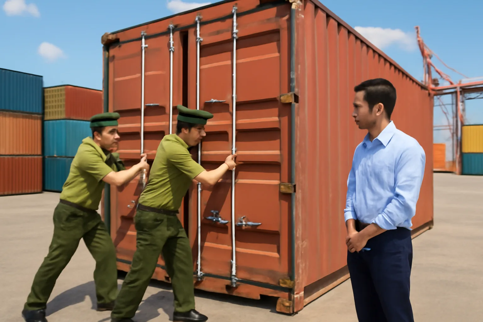 Nhân viên hải quan mở cửa container để kiểm tra thực tế hàng hoá tại bãi cảng