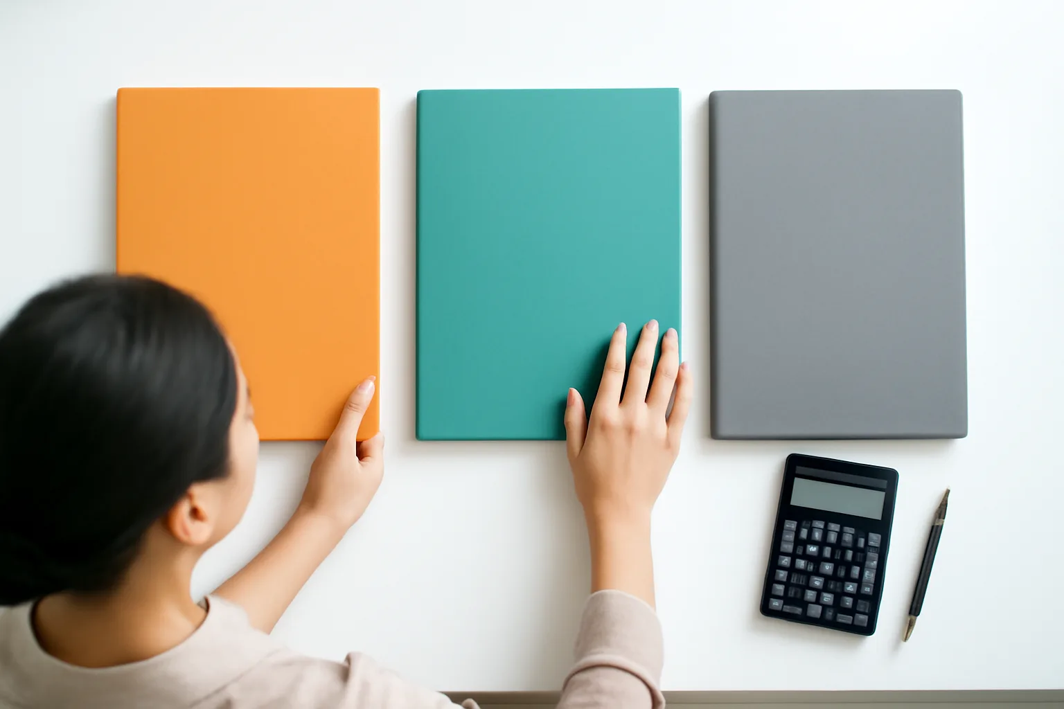 Người phụ nữ so sánh ba tập hồ sơ khác màu trên bàn trắng cạnh máy tính bỏ túi