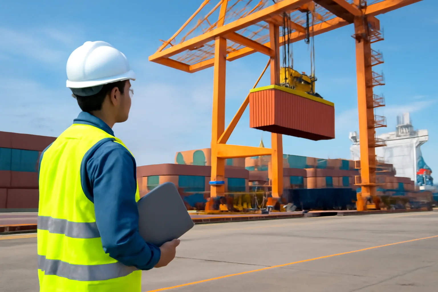 Nhân viên giao nhận đứng trên cầu cảng nhìn cẩu bốc container lên tàu, tay cầm cặp hồ sơ