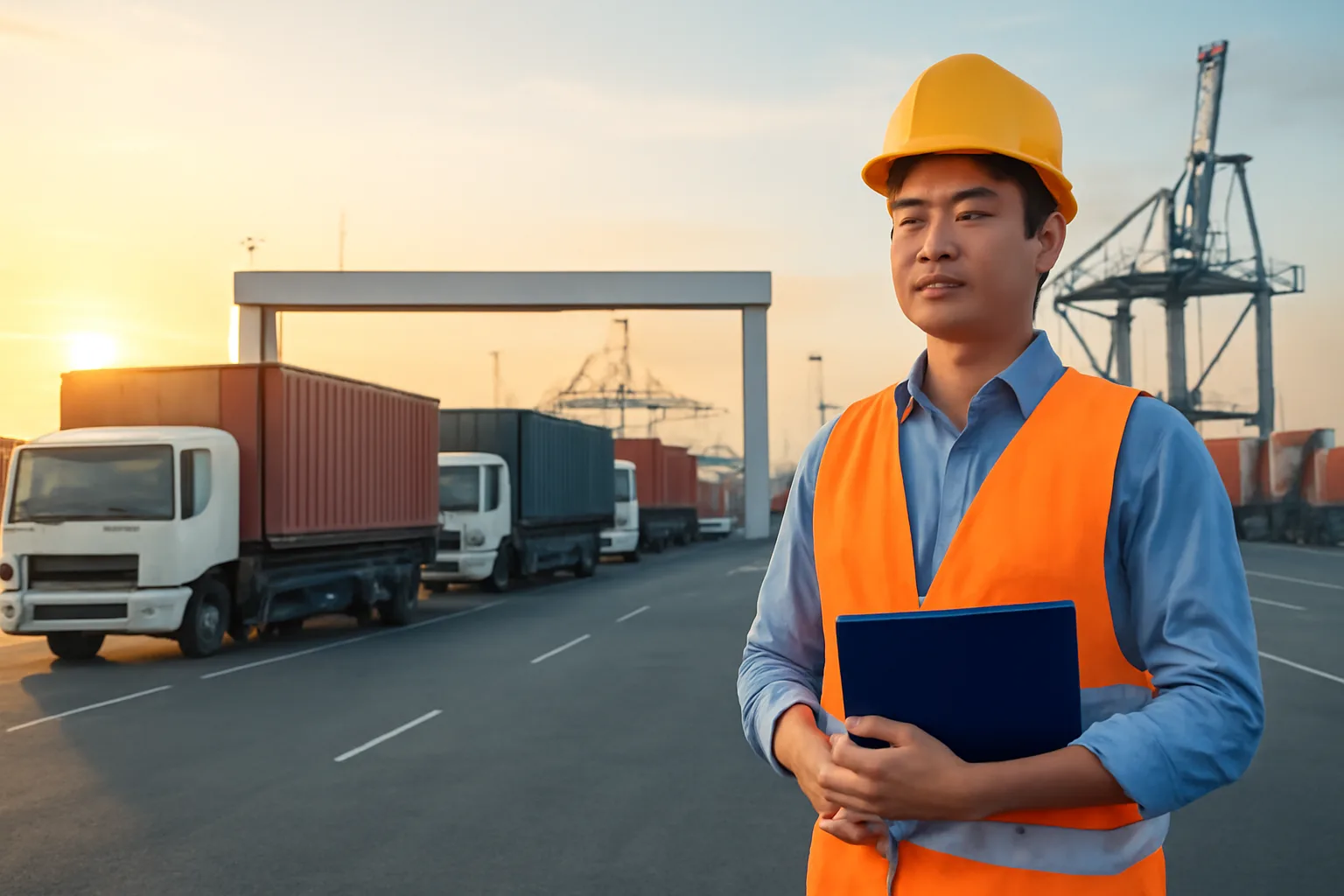 Xe đầu kéo container xếp hàng ở cổng cảng lúc sáng sớm, nhân viên điều phối vận tải đứng quan sát