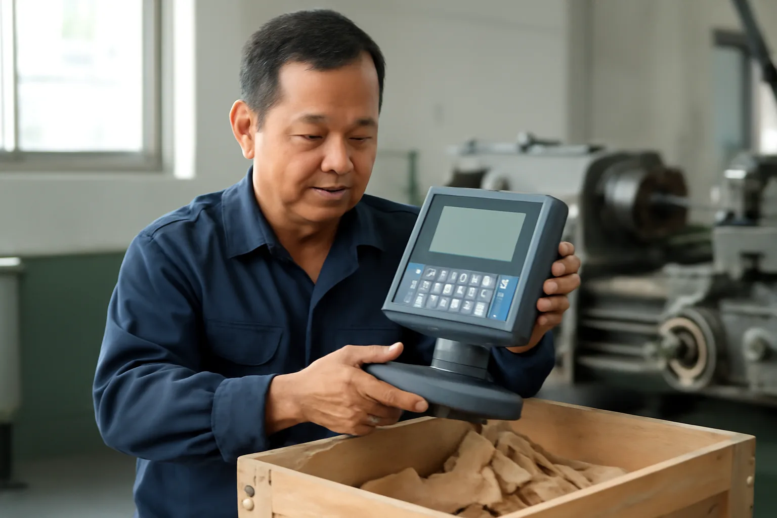 Kỹ thuật viên kiểm tra một máy đo điện tử cũ vừa mở thùng gỗ trong xưởng cơ khí