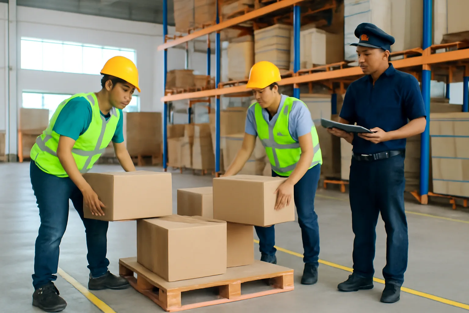 Nhân viên kho tách riêng các thùng hàng bị dán niêm phong chờ tái xuất trong khu vực kho có vạch sơn