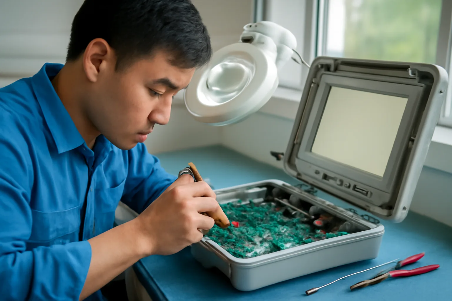 Kỹ thuật viên sửa bo mạch của một thiết bị đo trên bàn làm việc có kính lúp và dụng cụ