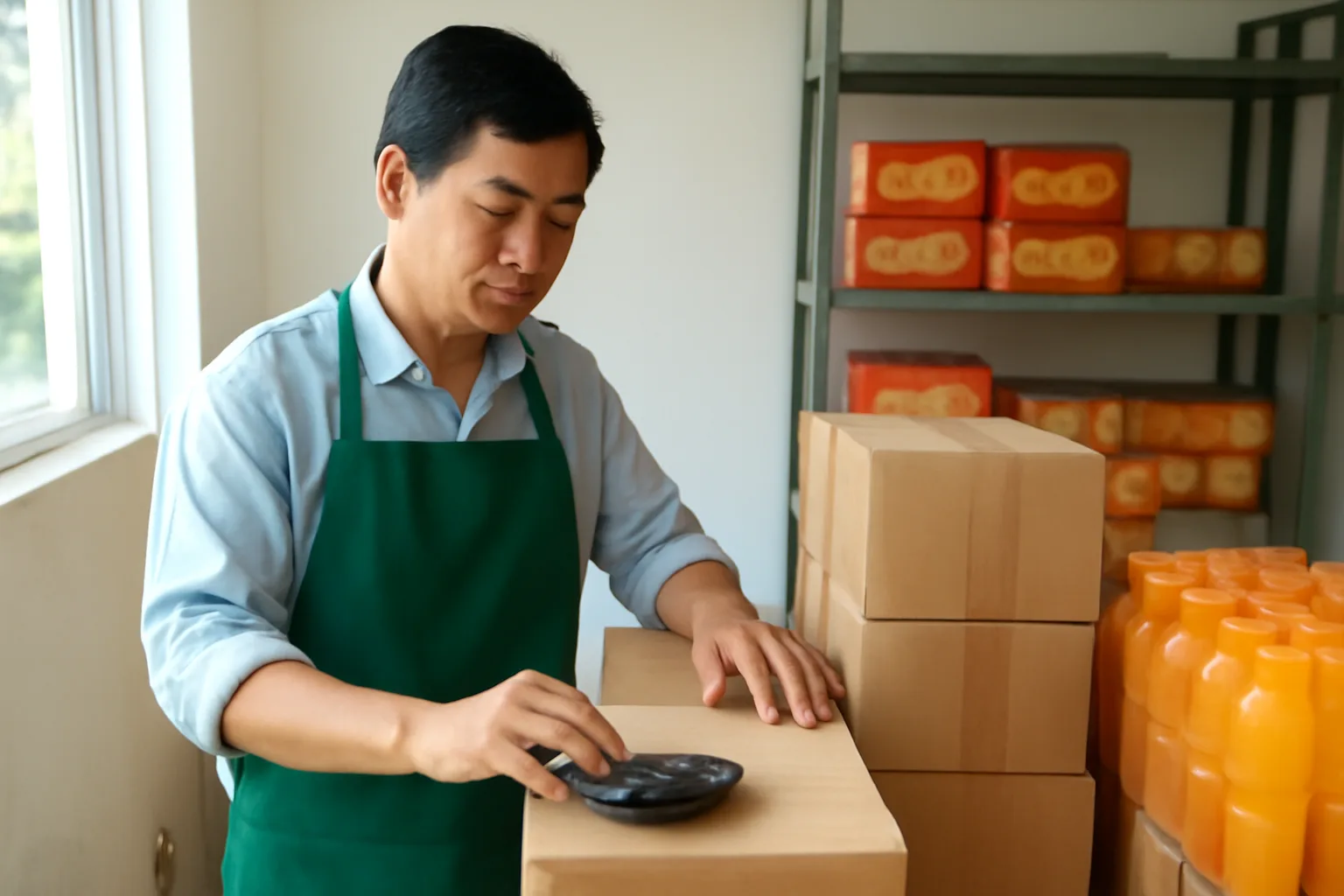 Chủ cửa hàng thực phẩm nhập khẩu kiểm đếm các thùng bánh kẹo và đồ uống vừa dỡ trong kho