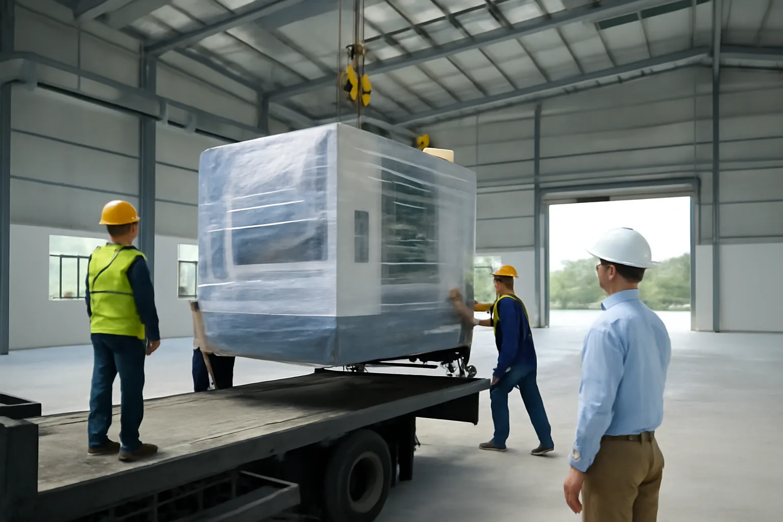 Công nhân dỡ một máy công nghiệp mới bọc nilon từ xe tải vào nhà xưởng mới xây, kỹ sư đứng giám sát