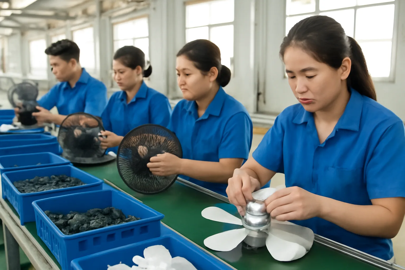 Công nhân lắp ráp cánh và lồng quạt điện trên dây chuyền nhỏ, thùng linh kiện xếp cạnh bàn