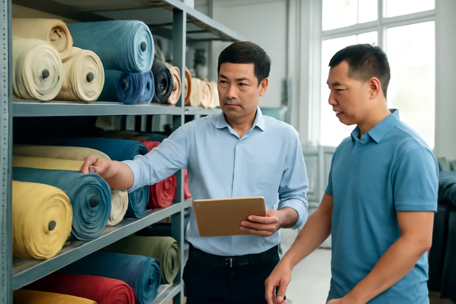 Chủ xưởng may và thủ kho đối chiếu cuộn vải nhập khẩu với sổ kho bên kệ nguyên liệu
