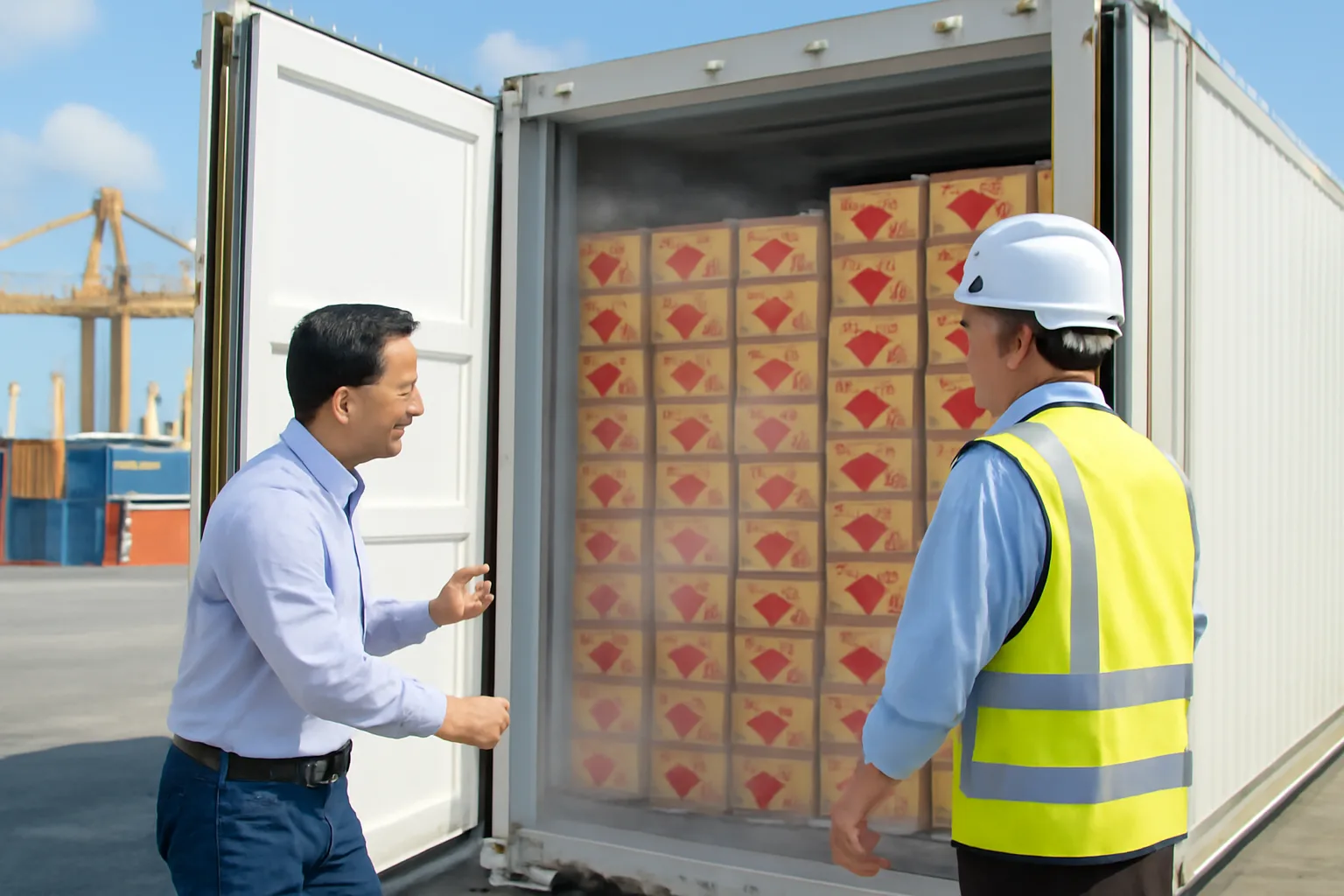 Nhân viên kiểm dịch và chủ hàng mở cửa container lạnh chứa các thùng táo tại bãi cảng