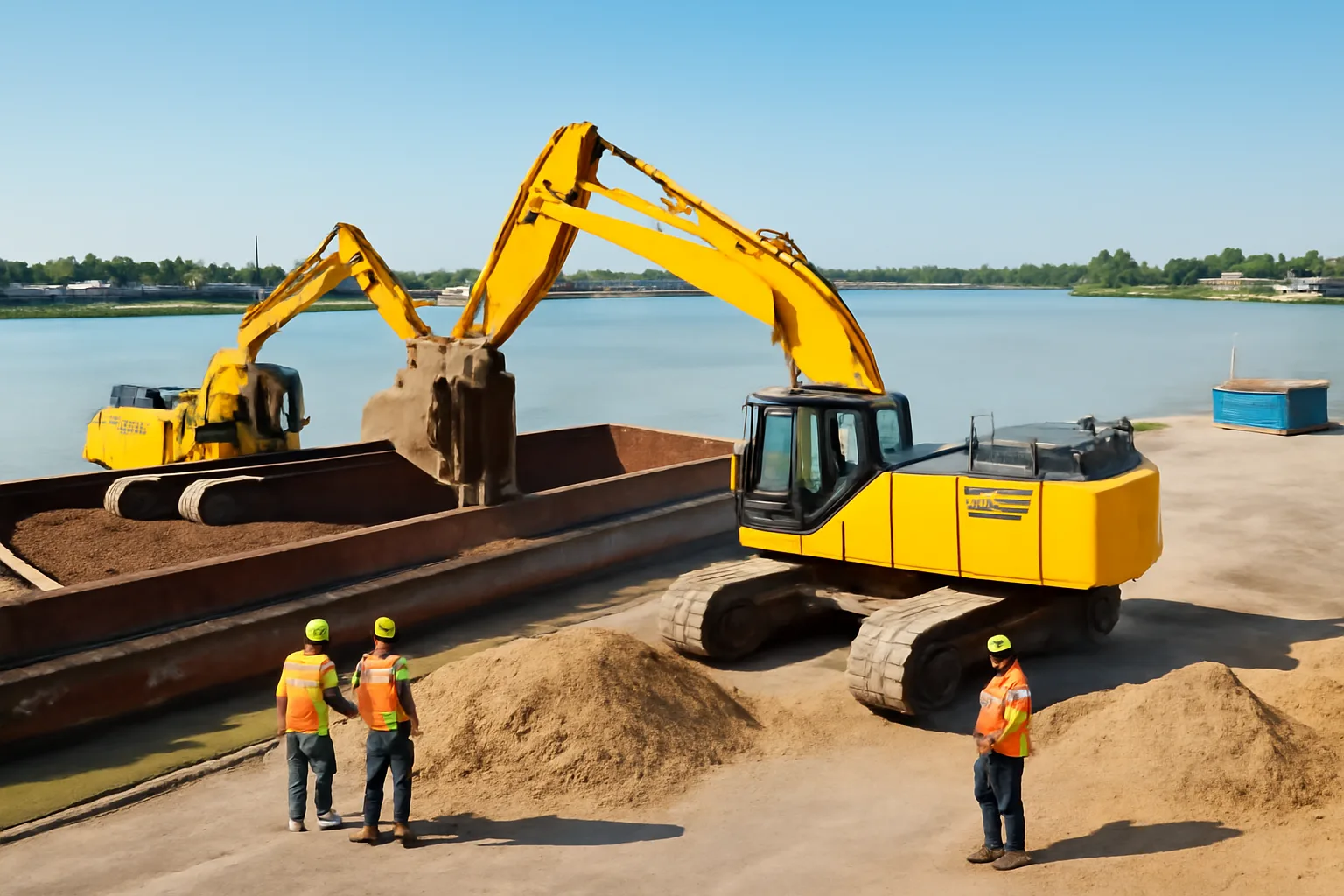 Máy xúc đổ quặng và cát lên tàu hàng rời tại một cảng sông buổi sáng