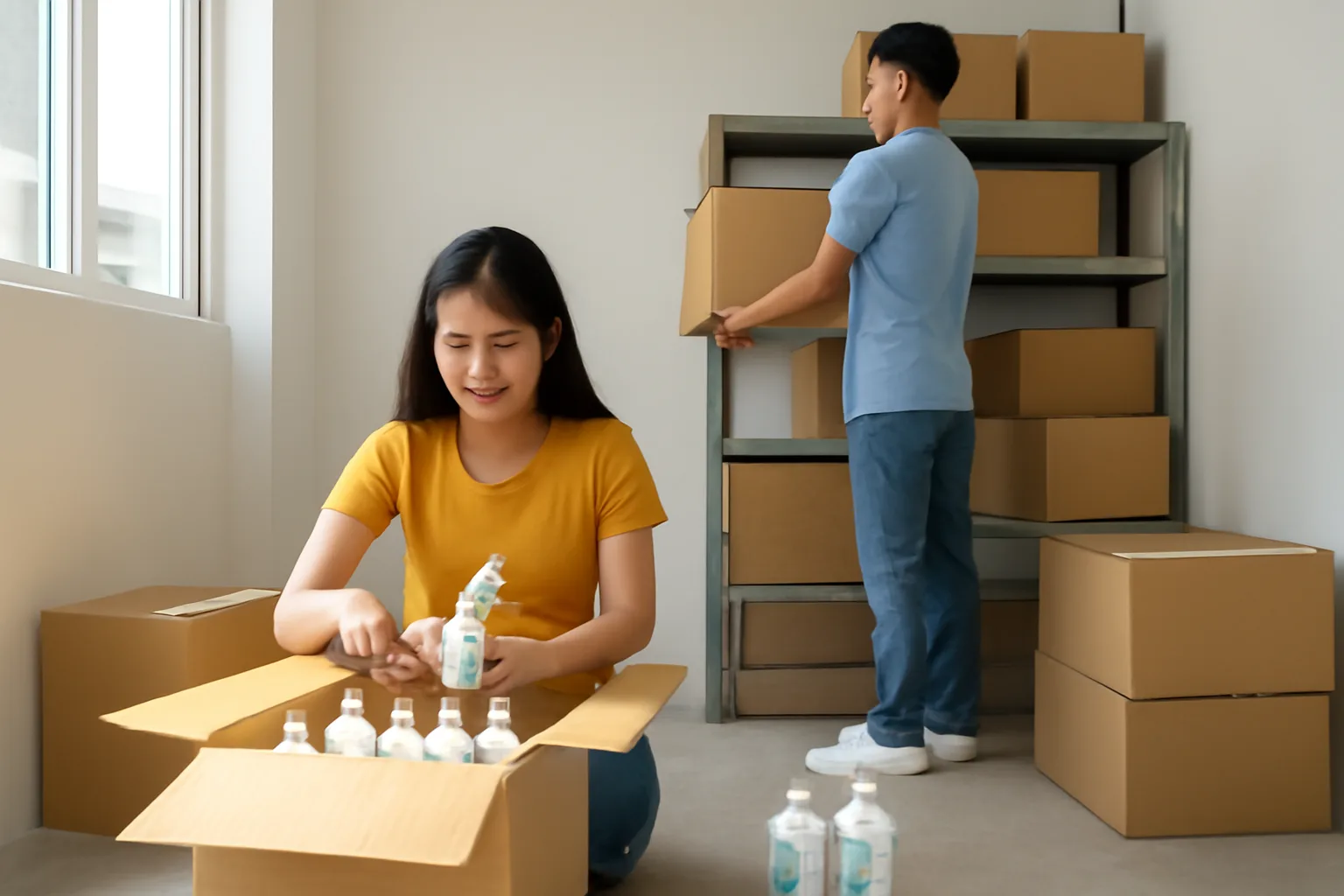 Chủ cửa hàng online kiểm các thùng hàng nhập về trong kho nhỏ trước khi đóng đơn cho khách