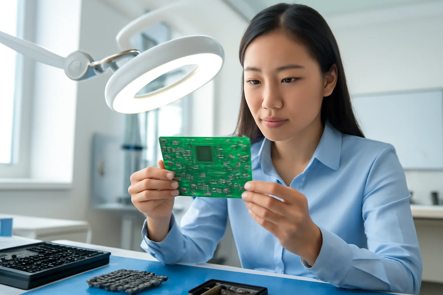 Kỹ thuật viên soi bo mạch điện tử dưới kính lúp trong phòng kiểm tra hàng nhập