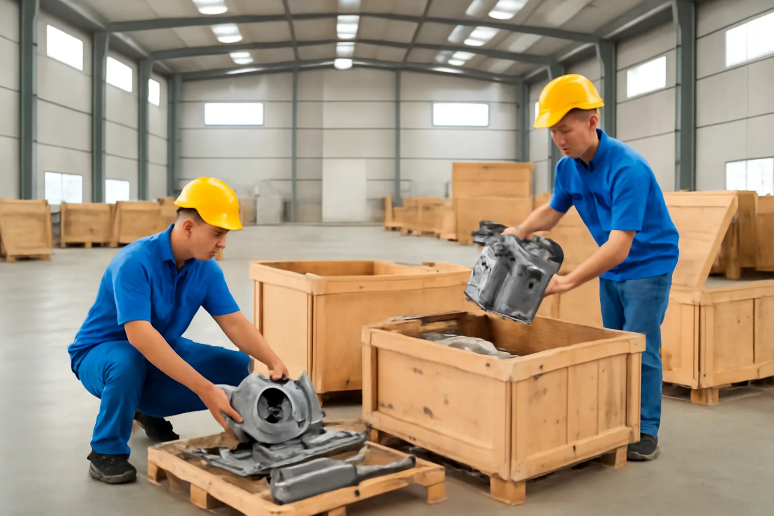 Hai công nhân kho mở các thùng gỗ chứa máy tháo rời, bày bộ phận ra pallet