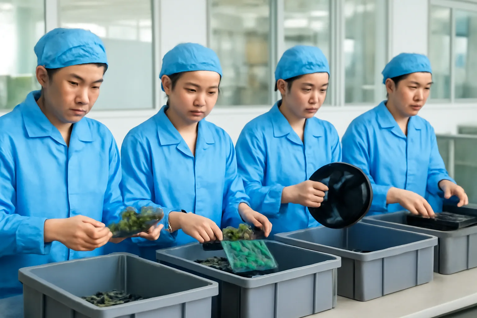 Công nhân phân loại khay nhựa, bo mạch lỗi và cuộn băng linh kiện vào các thùng riêng trong khu phế liệu của xưởng