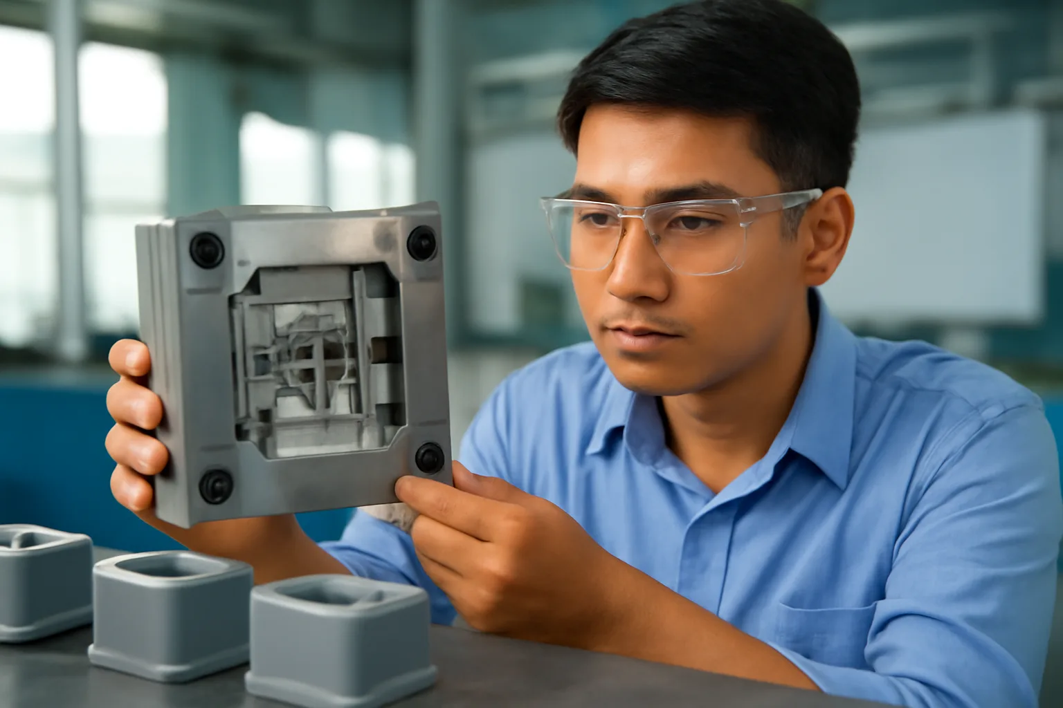 Kỹ sư cầm một nửa khuôn ép nhựa bằng thép đặt cạnh các vỏ nhựa linh kiện trên bàn kiểm tra