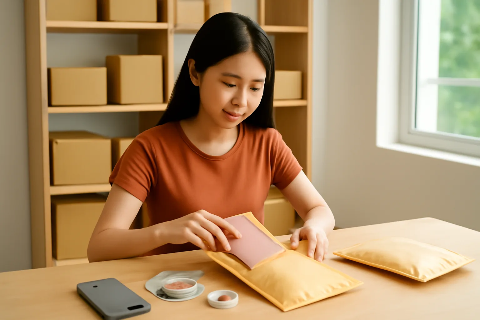 Người bán hàng online đóng gói ốp lưng và cáp sạc vào túi giao hàng trên bàn làm việc tại nhà
