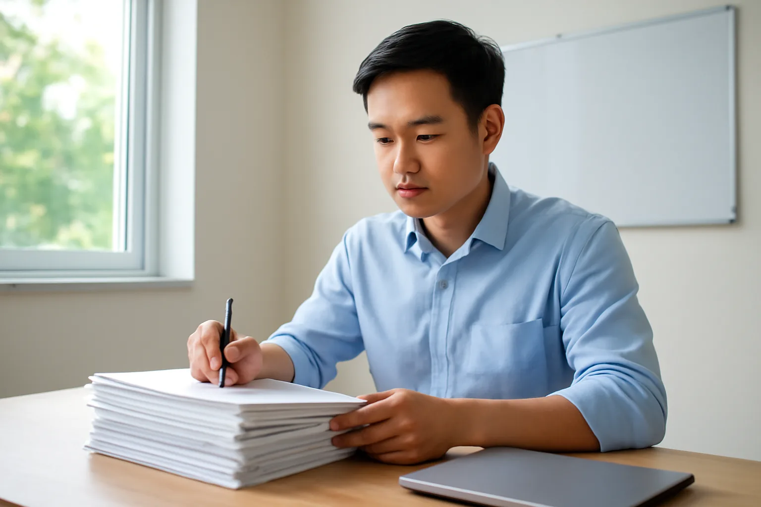 Nhân viên xuất nhập khẩu đối chiếu xấp chứng từ gốc với máy tính xách tay tại bàn làm việc