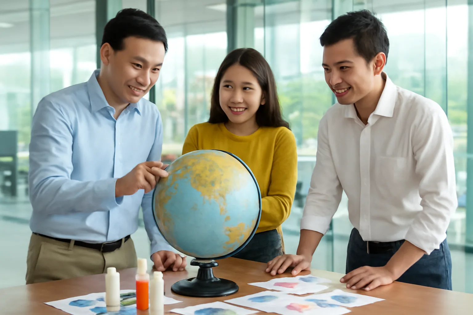 Ba đồng nghiệp đứng quanh quả địa cầu và các mẫu sản phẩm trong phòng họp