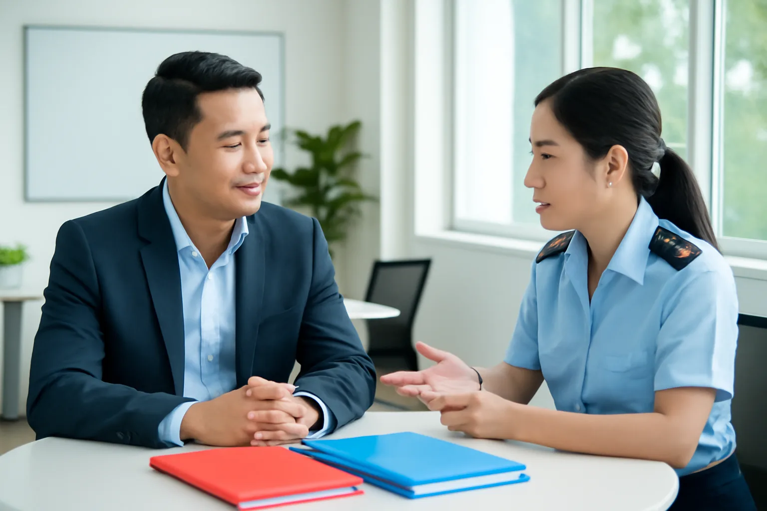 Chủ doanh nghiệp nhập khẩu và nhân viên khai hải quan bàn bạc bên ba tập hồ sơ khác màu