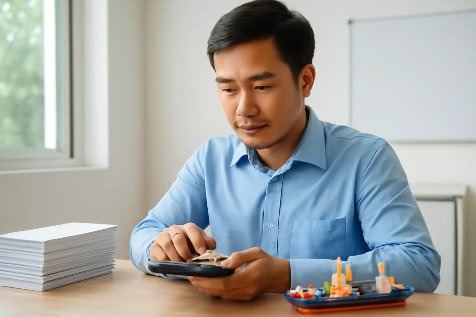 Kế toán dùng máy tính bỏ túi bên xấp hoá đơn trống và mô hình tàu hàng trên bàn
