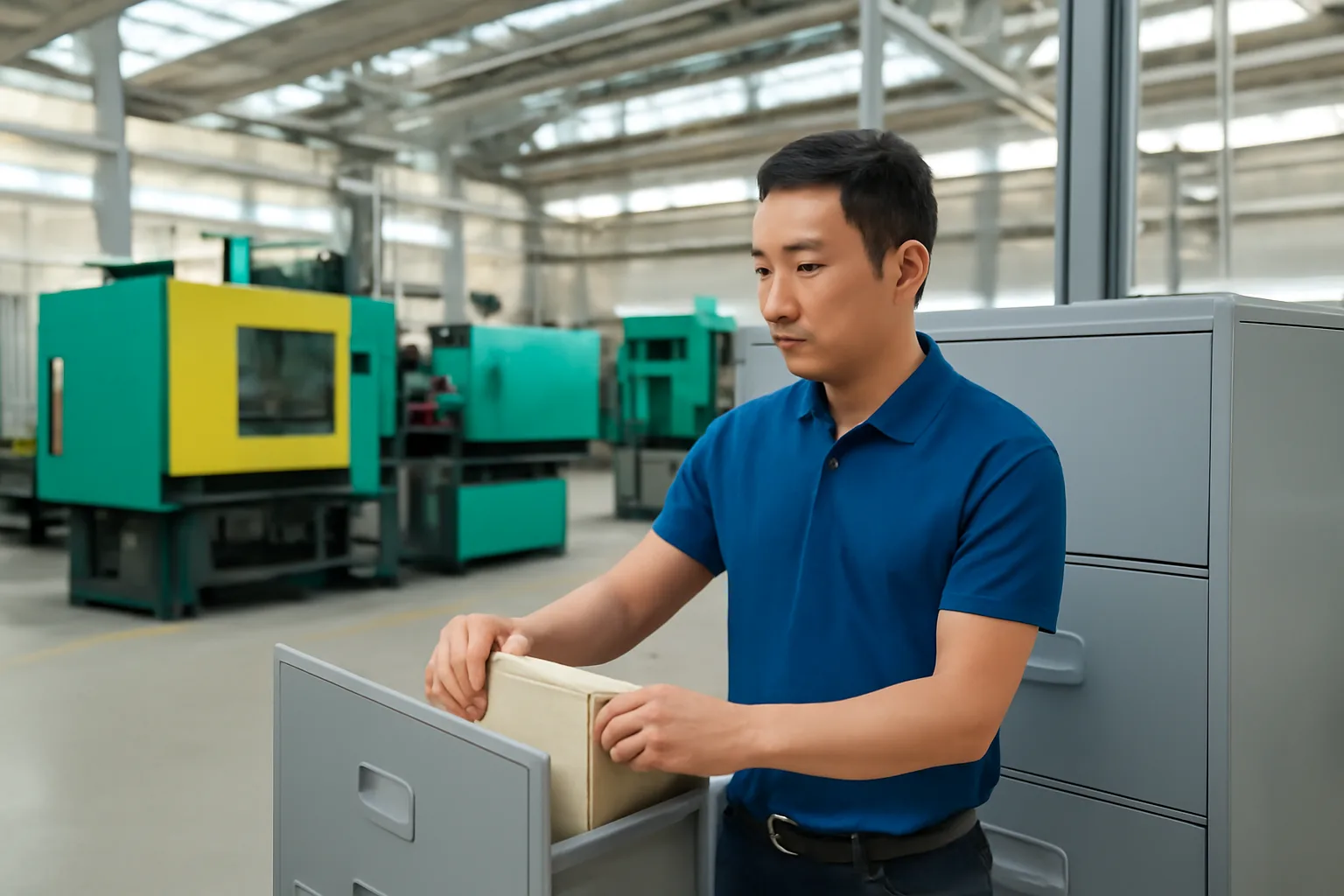 Trưởng phòng xuất khẩu sắp xếp tập hồ sơ nguyên liệu trong xưởng sản xuất đồ nhựa