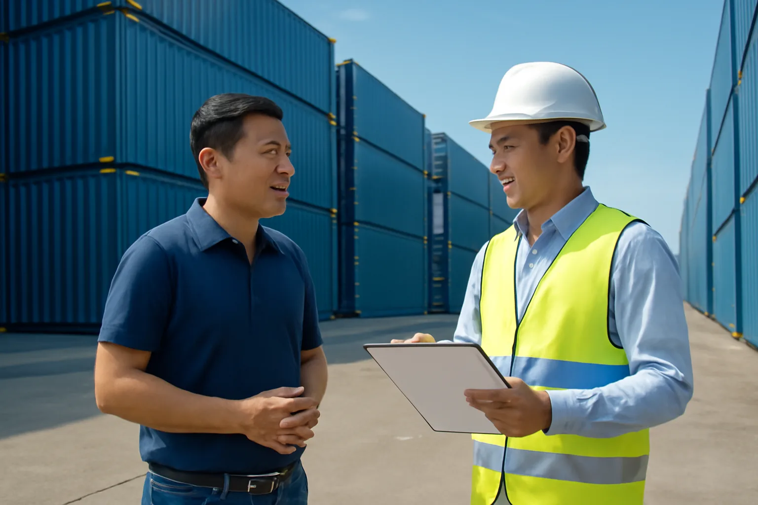 Chủ doanh nghiệp nhỏ và nhân viên đại lý hải quan trao đổi bên container tại bãi cảng