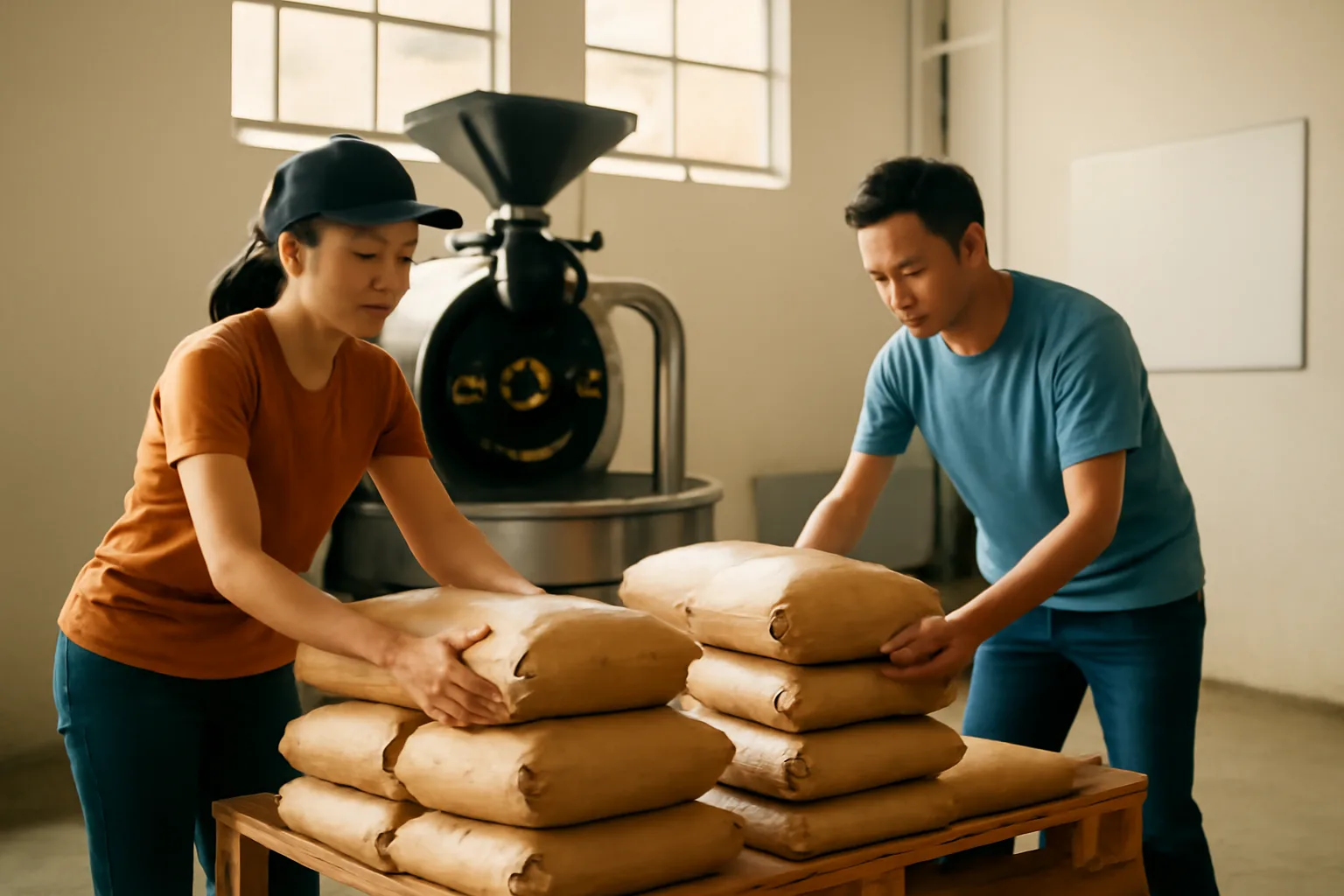 Công nhân xưởng rang cà phê đóng các bao cà phê rang lên pallet cạnh máy rang