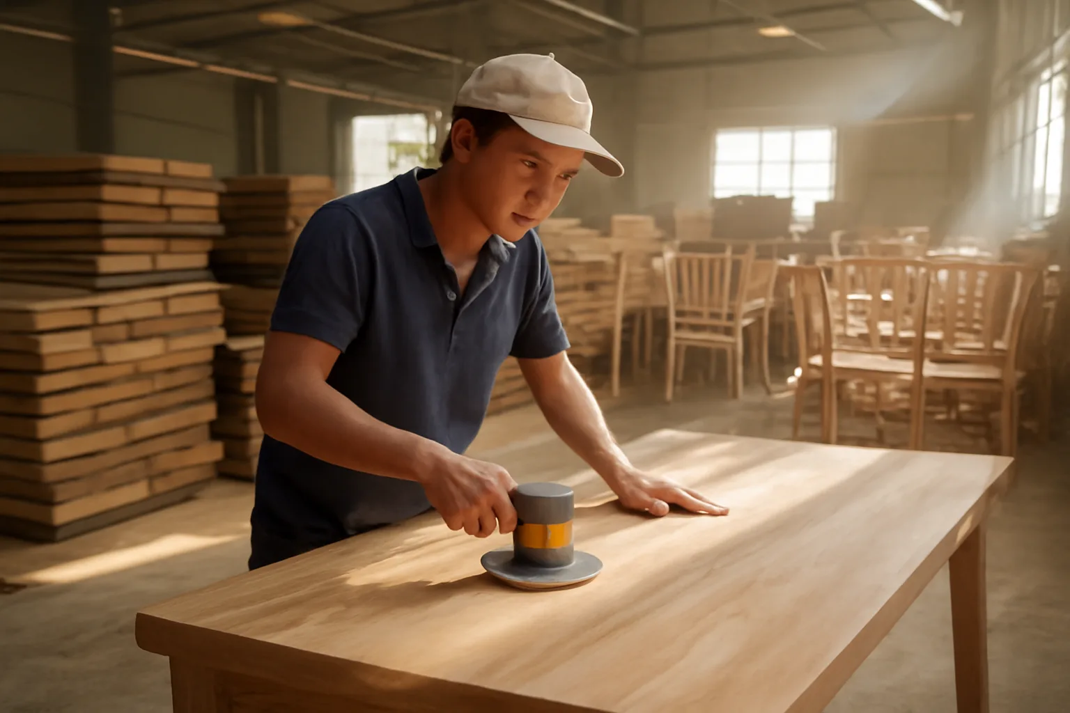 Thợ mộc chà nhám mặt bàn gỗ trong xưởng sản xuất đồ nội thất xuất khẩu