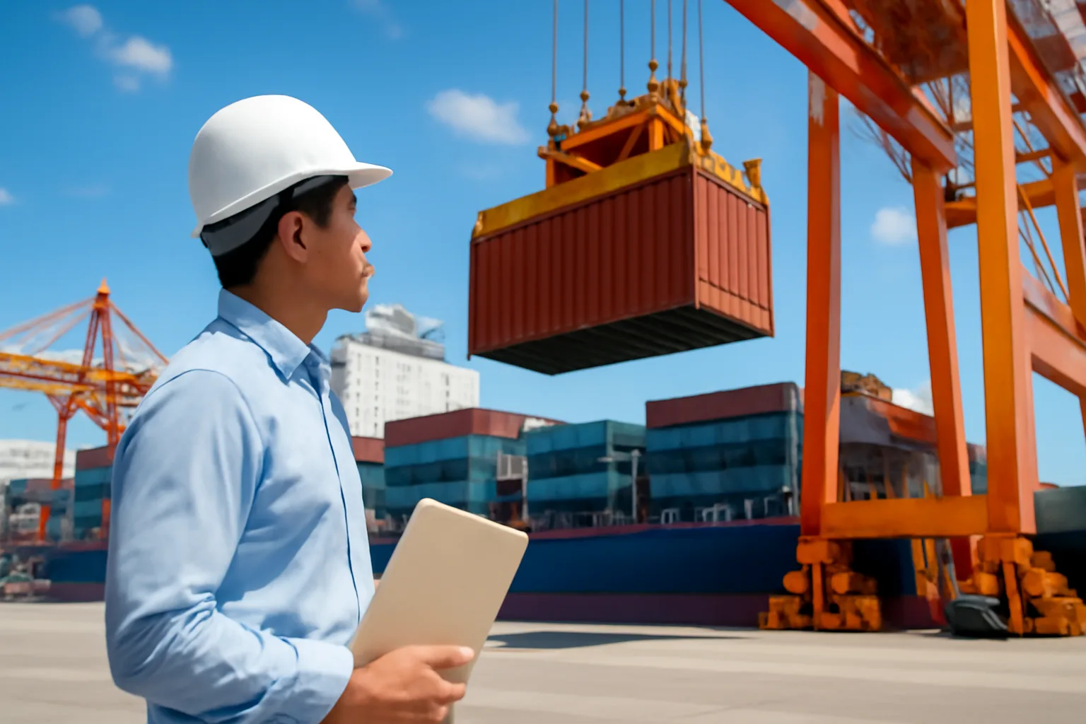 Nhà xuất khẩu cầm tập hồ sơ đứng nhìn cần cẩu nâng container lên tàu