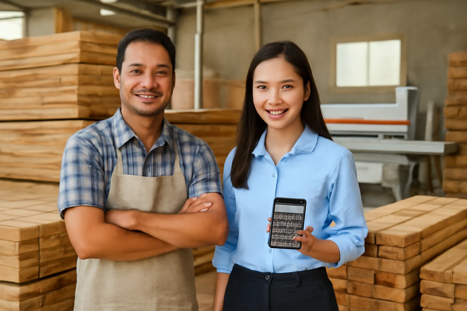 Chủ xưởng gỗ và kế toán đứng giữa những kiện gỗ xẻ, cùng tính toán trên máy tính bỏ túi