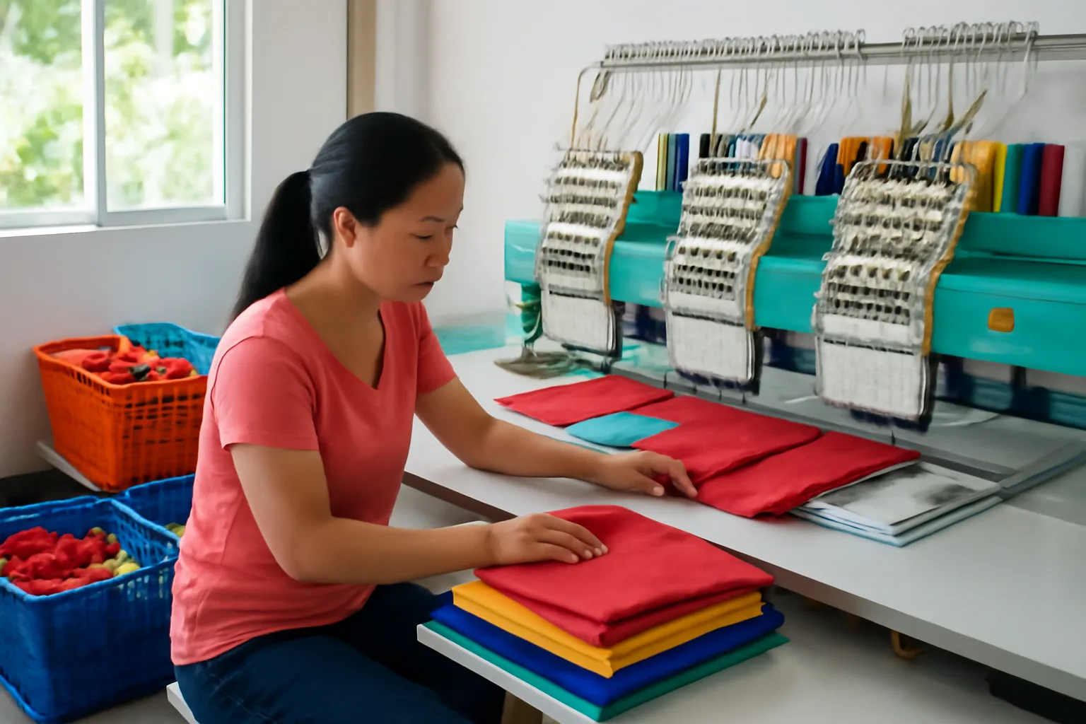 Thợ thêu vận hành máy thêu công nghiệp trên các thân áo xếp chồng trong xưởng nhỏ